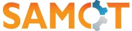 Logo Samot: orangener Schriftzug mit halbem Zahnrad als O.
